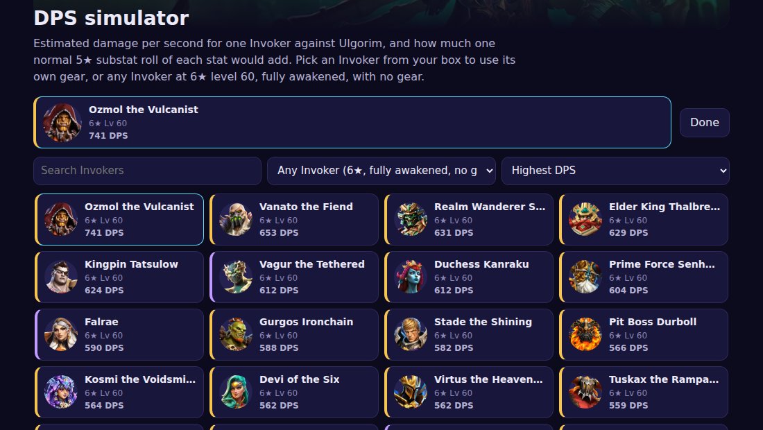 The DPS simulator’s Invoker picker, sorted by highest DPS